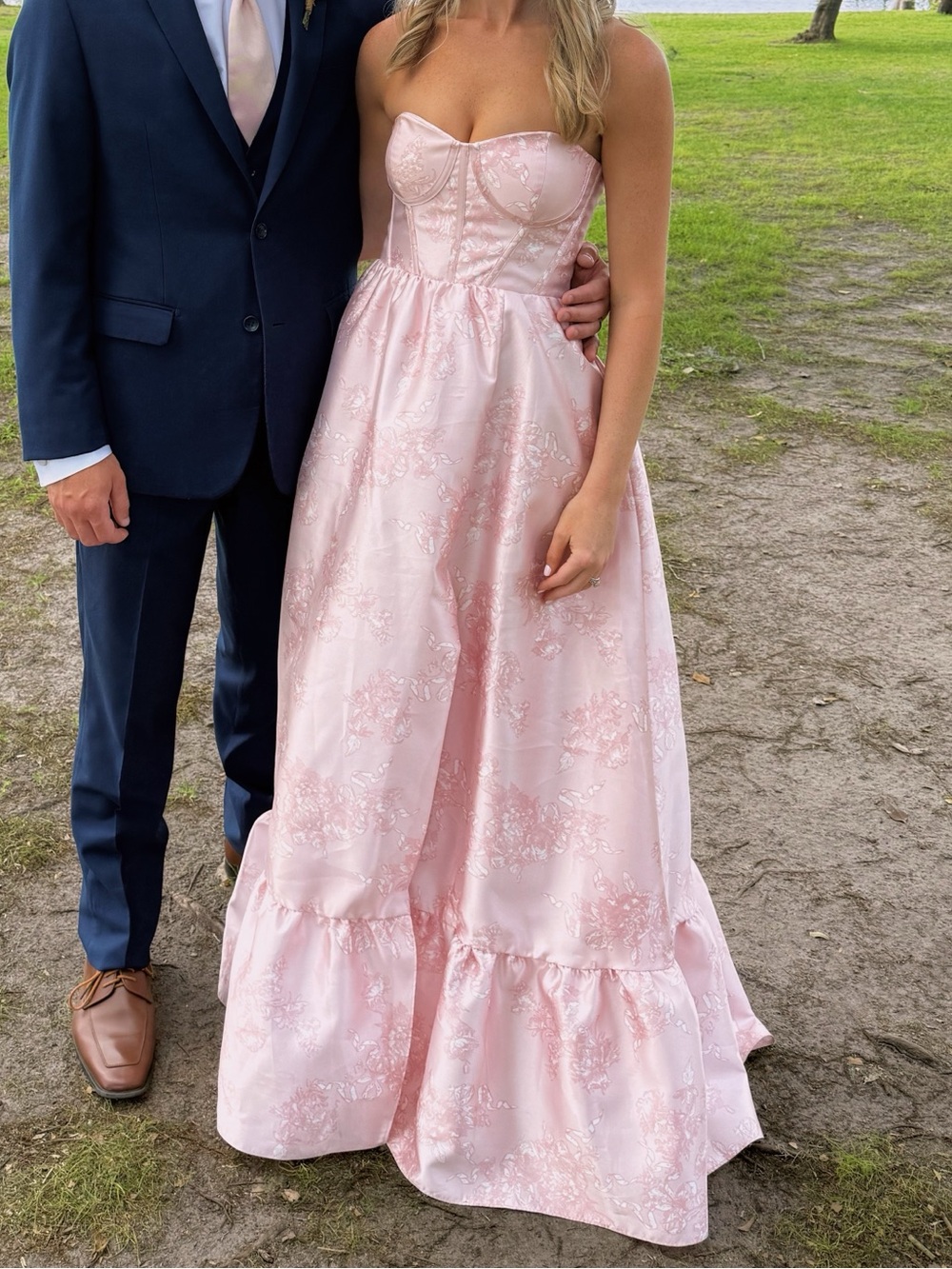 Dessy Collection Bow and Blossom Blush Pink Ruffle-strap Maxi with Front Slit